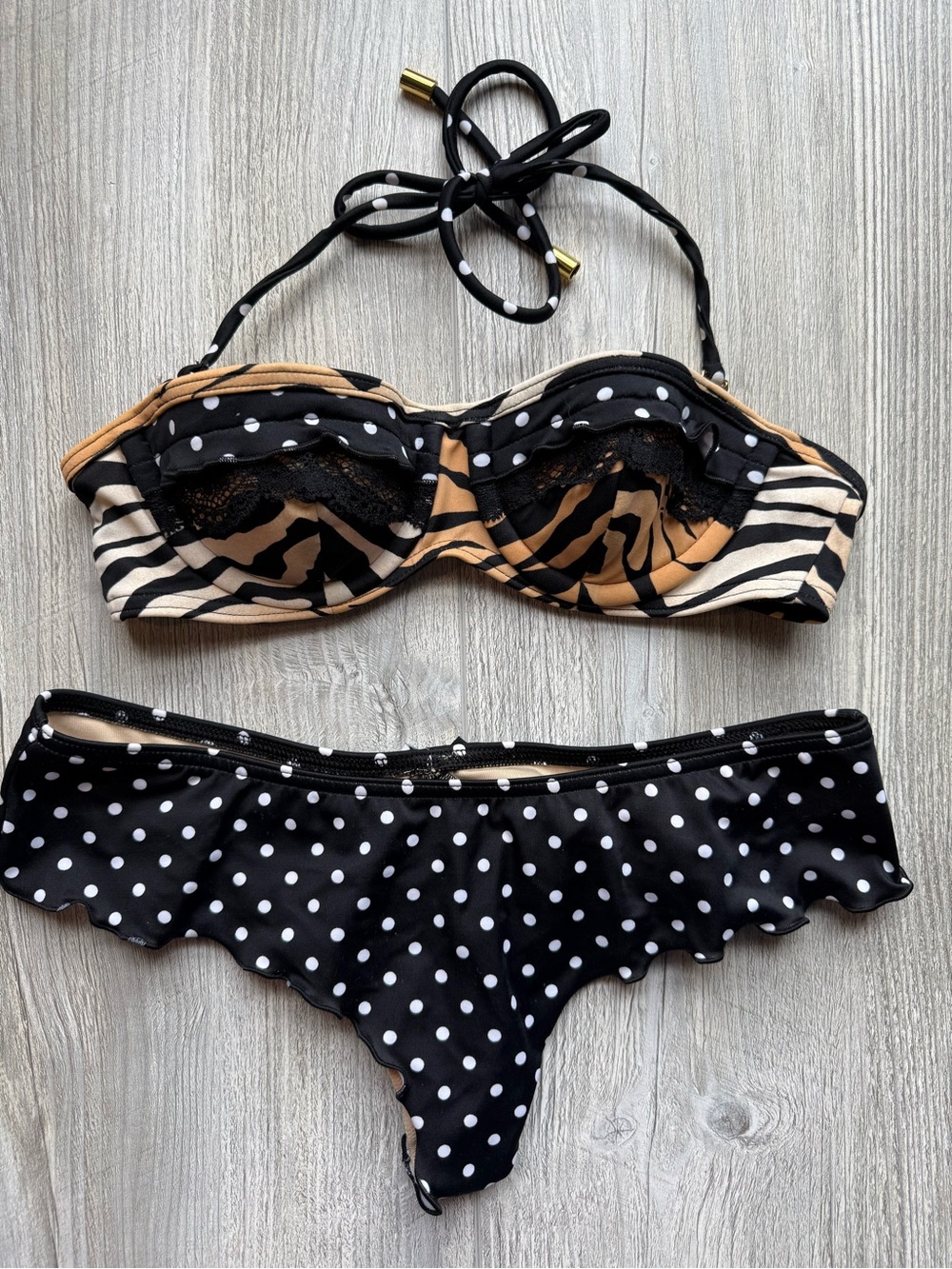 RARE Victoria's Secret Mixed Print Tiger Polka Dot Ruffle Lace Bikini Set Y2K